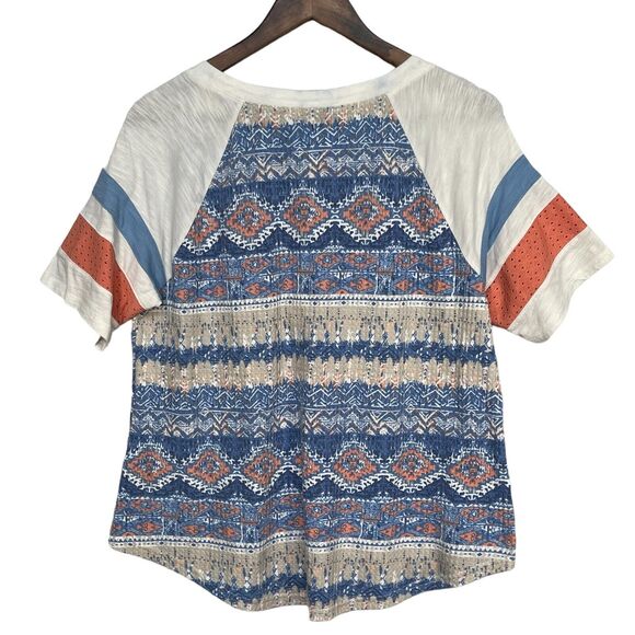 Cato Shirt Top Women Size L Blue Printed Stretch Popover Short Sleeve STAINS - Picture 6 of 14